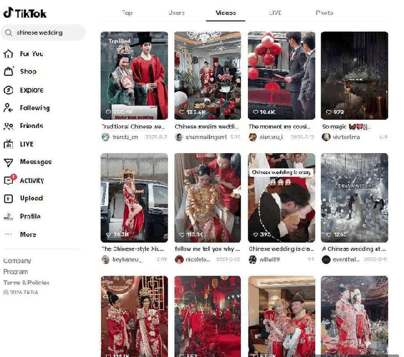 TikTok搜索chinese wedding，中式婚礼视频的播放和点赞