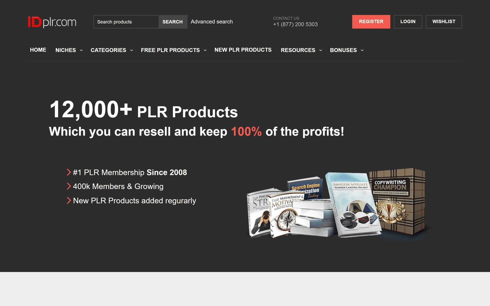 IDPLR官网首页：12000多个PLR产品可以转售并保留100%利润，2008年至今40万会员