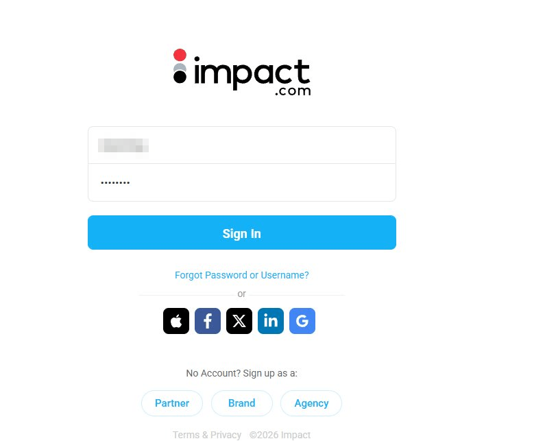 impact.com登录注册界面,可选Partner身份注册联盟账号
