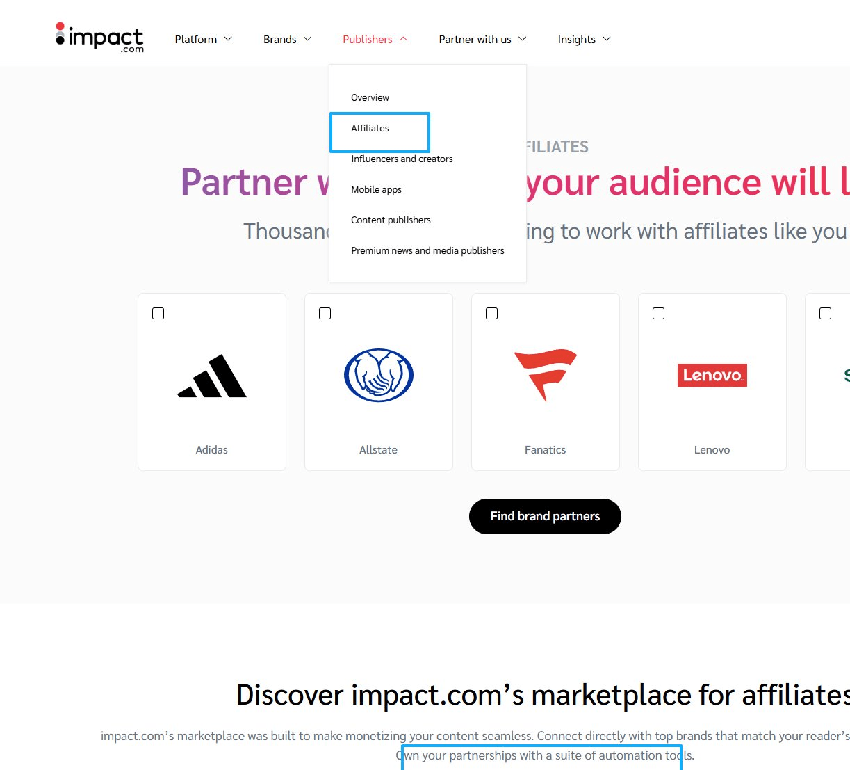 impact.com官网Publishers菜单下的Affiliates联盟入口