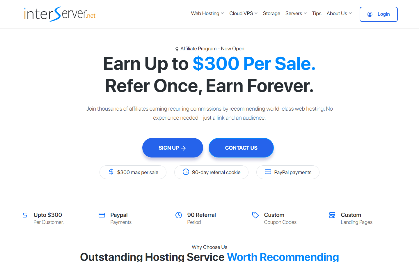 InterServer主机联盟计划页面,一单最高300美金,90天追踪周期,PayPal打款