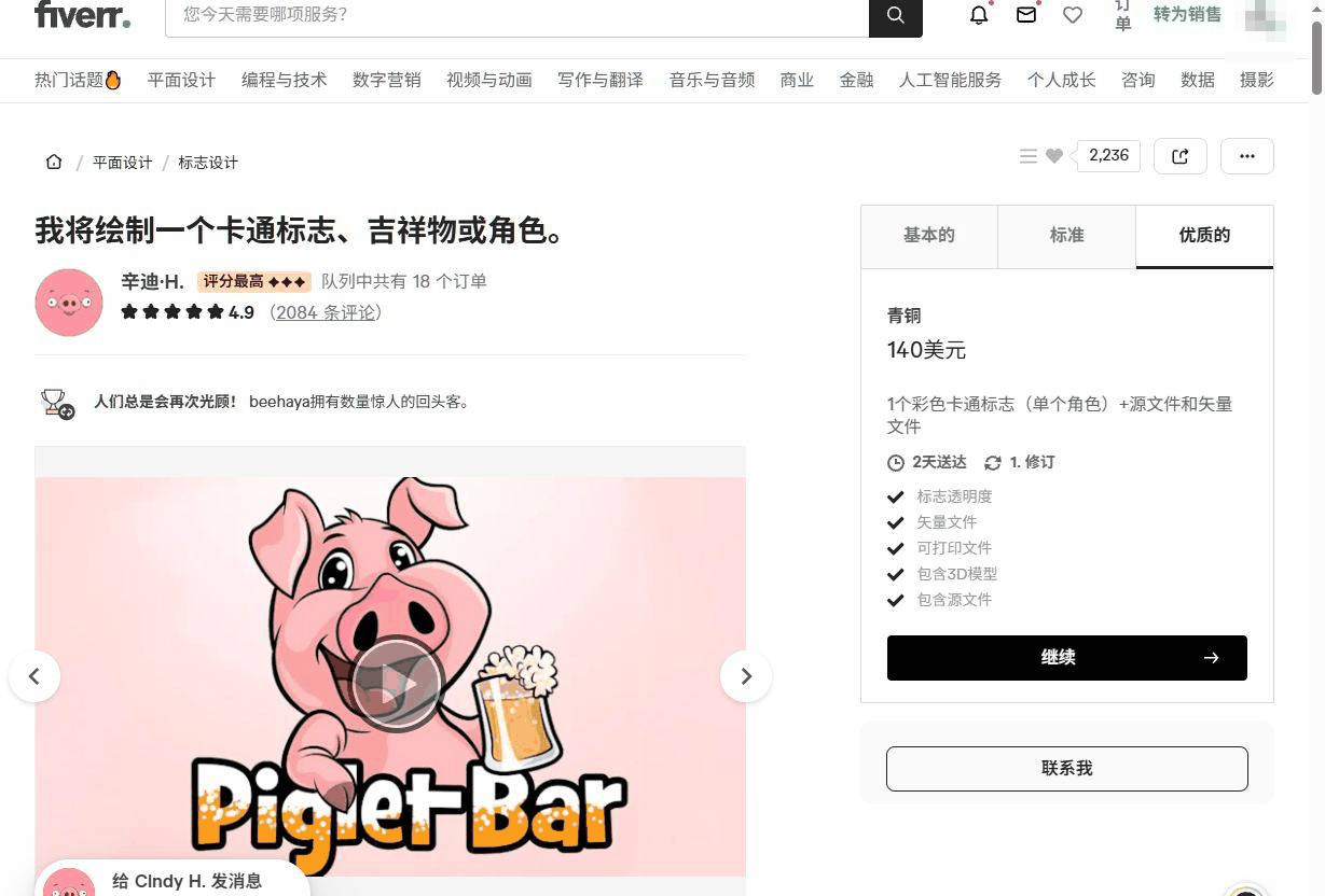 Fiverr卡通吉祥物设计卖家页面,4.9分2084条评价队列里排着18个订单
