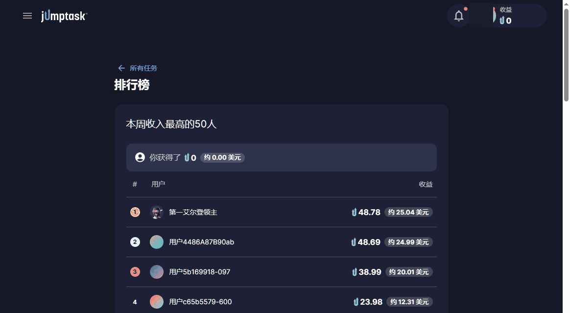 一个做任务平台的本周收入排行榜
