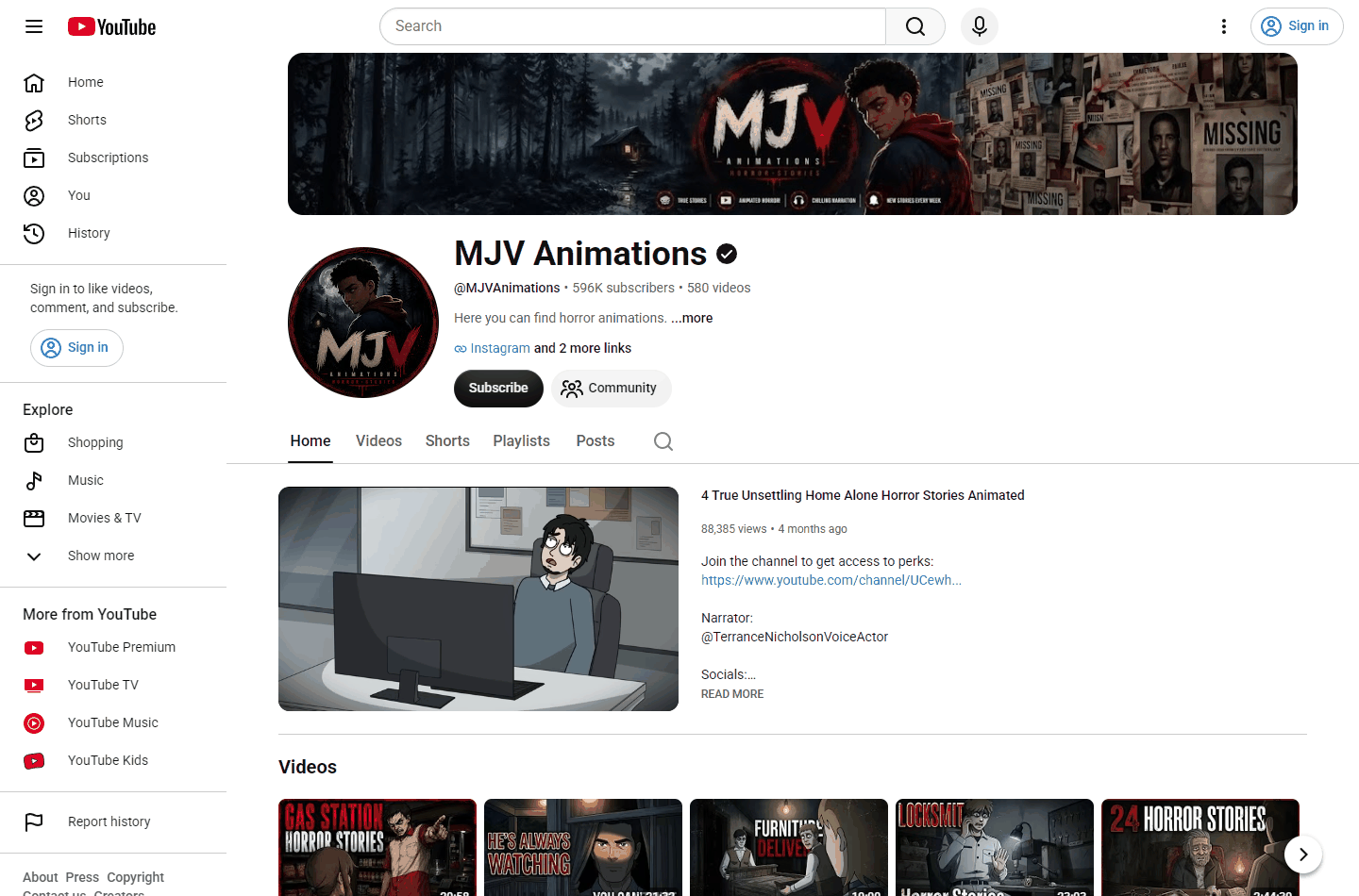 YouTube恐怖故事动漫频道主页，头像横幅用自制动画角色