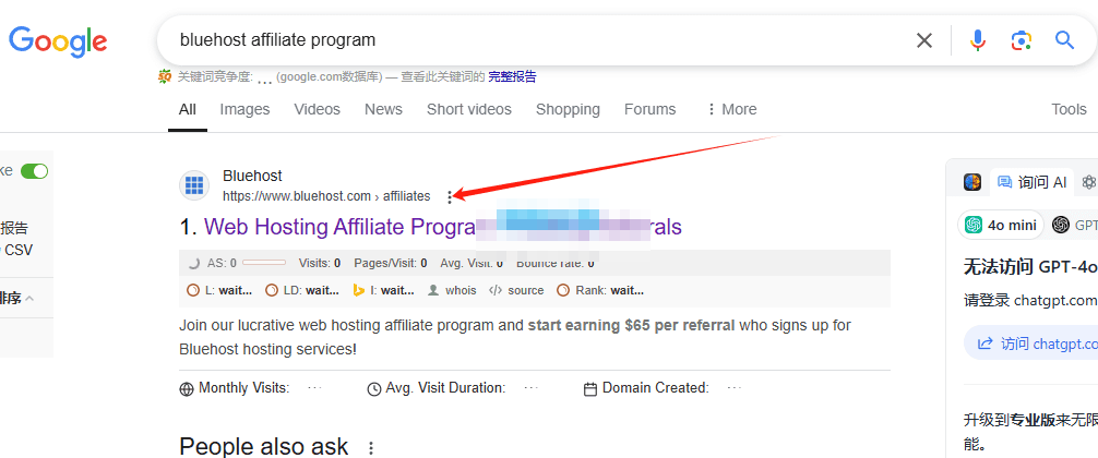 谷歌搜索bluehost affiliate program的结果，官方联盟页排在第一