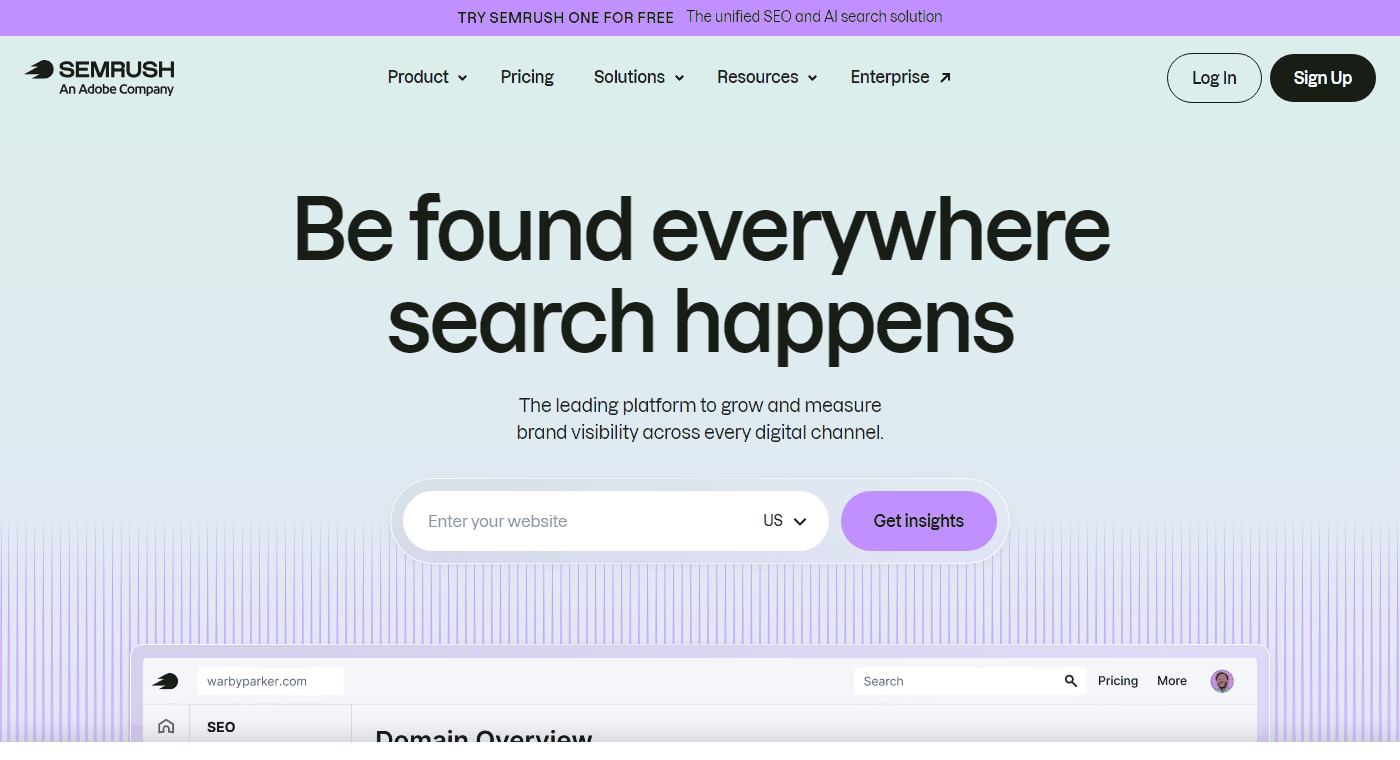 联盟营销内容优化工具Semrush首页,用于查关键词和竞争对手排名
