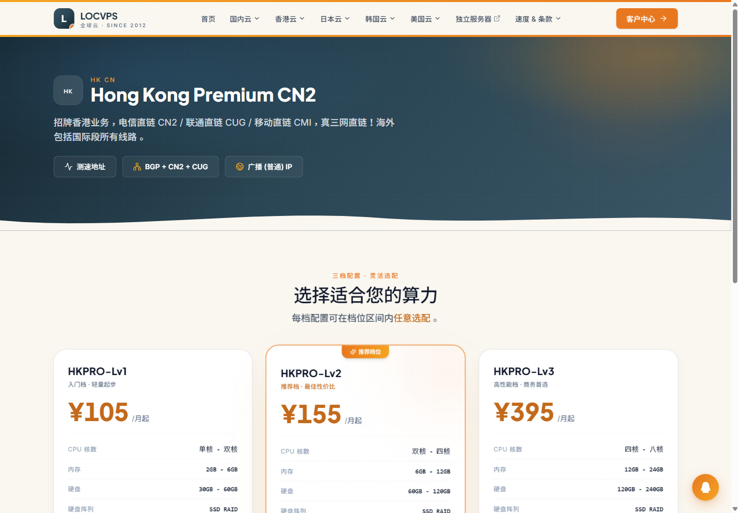 LOCVPS香港CN2区三档配置和价格