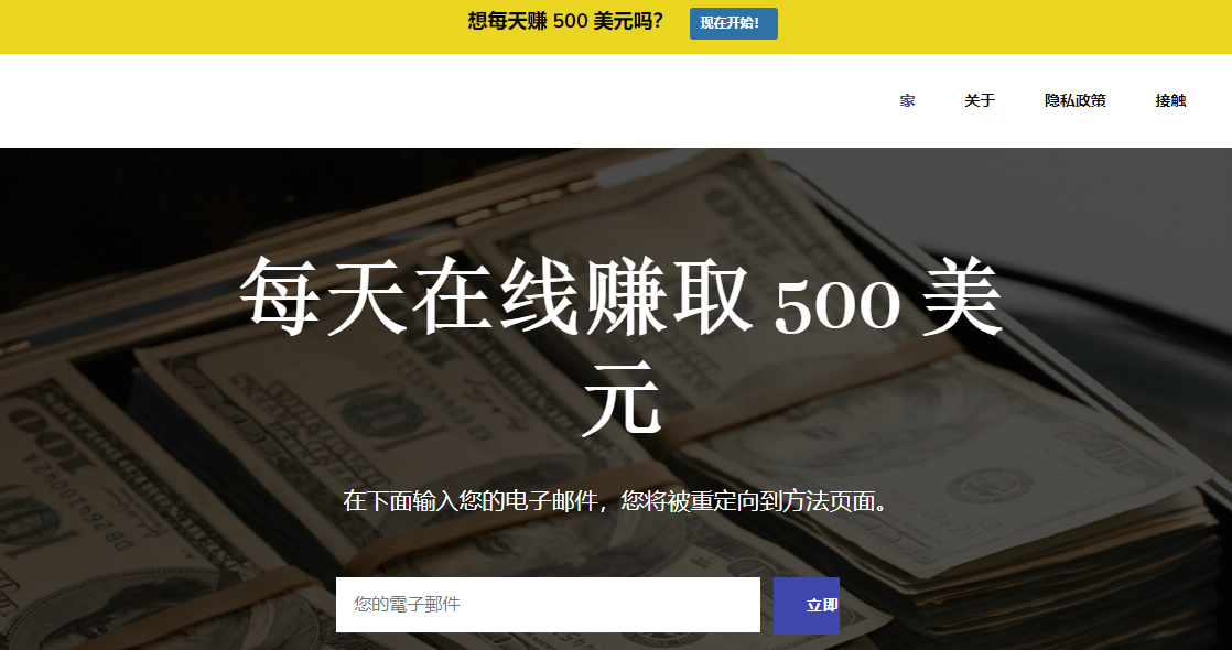 那个网站的首页,顶上一条黄底横幅写着想每天赚500美元吗、现在开始,中间一张钞票配图上压着大字每天在线赚取500美元,下面是一个收邮箱的输入框