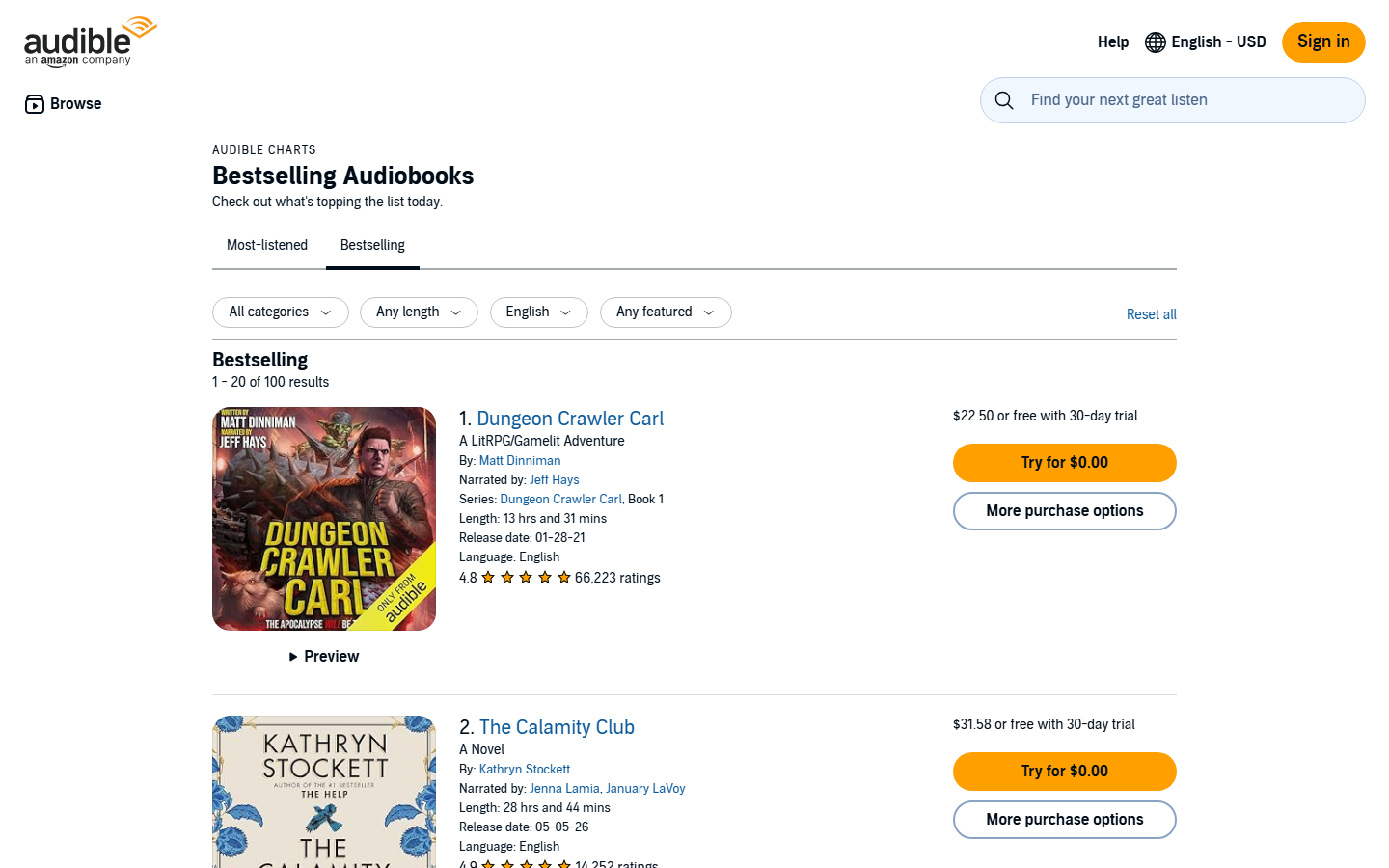 Audible畅销榜:单本22.5美元,或用30天试听免费听