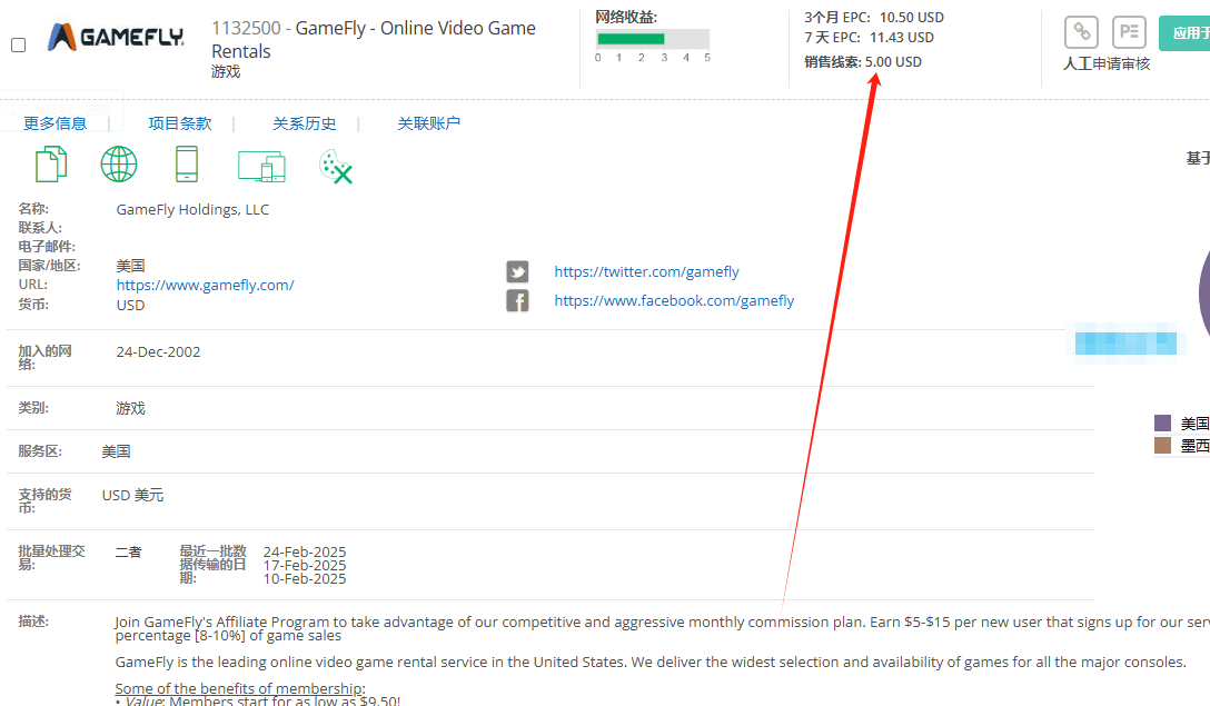 GameFly游戏租赁的联盟计划详情页,每个新用户固定佣金5美元,7天平均单次点击收入11.43美元