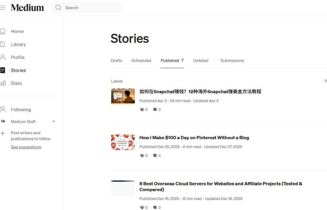 国外赚钱项目:Medium写作平台的文章管理后台,显示已发布文章和阅读时长