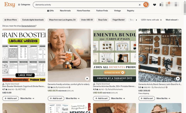 Etsy搜索dementia activity认知障碍活动的结果页,老年记忆护理类数字下载产品定价9.6到9.99美元,比儿童款高出三倍