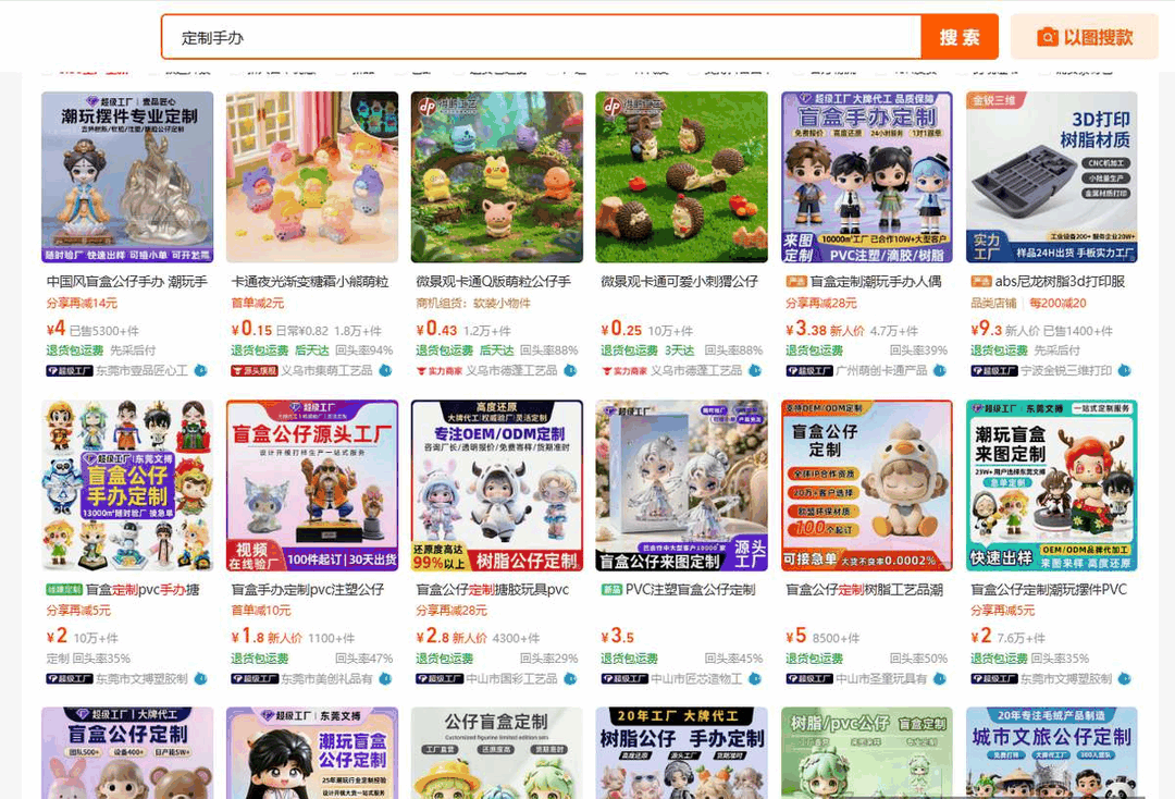 1688搜定制手办结果页，大量源头工厂支持来图定制小批量起订