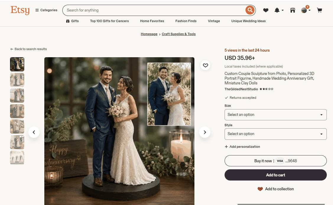 Etsy上照片定制的手工夫妻人偶婚礼摆件，售价35.96美元支持个性化