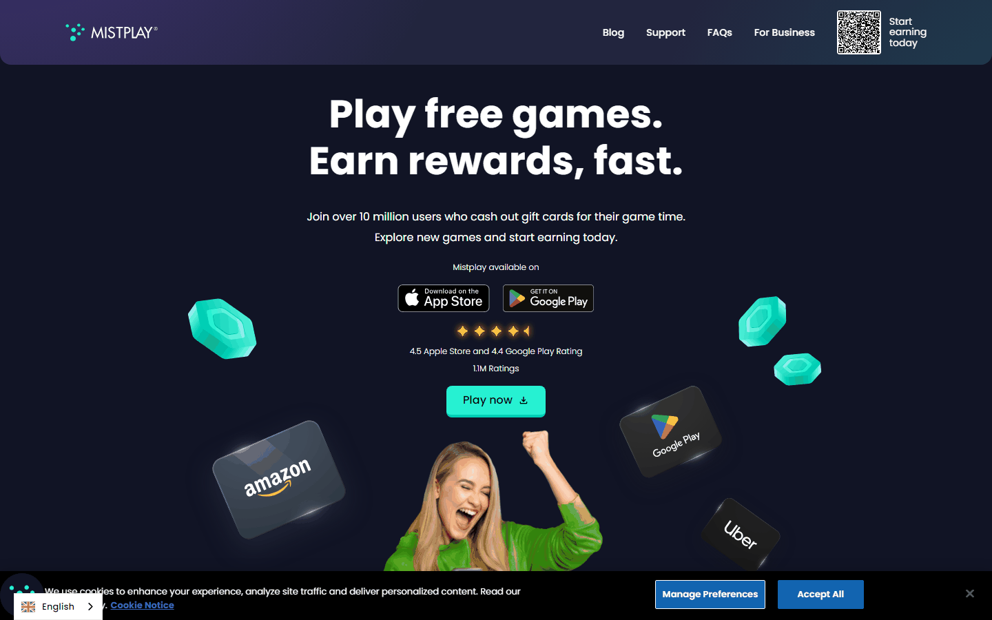 Mistplay玩游戏赚钱平台首页，超过1000万用户兑换过礼品卡