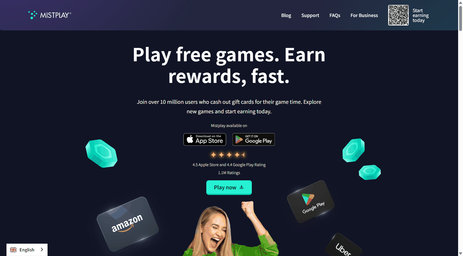 Mistplay官网首页,玩免费手游换礼品卡,已有超过1000万用户,应用商店评分4.5和4.4