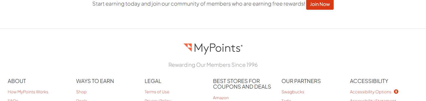MyPoints官网页脚，标语写着从1996年起就在给会员发奖励，旁边是关于我们、赚取方式、合作伙伴几栏