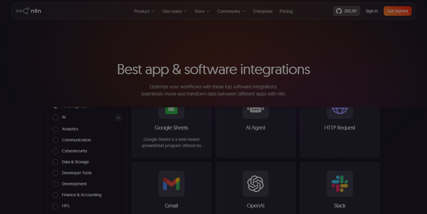 n8n支持的常用软件集成,谷歌表格、Gmail、OpenAI、Slack这些都能接