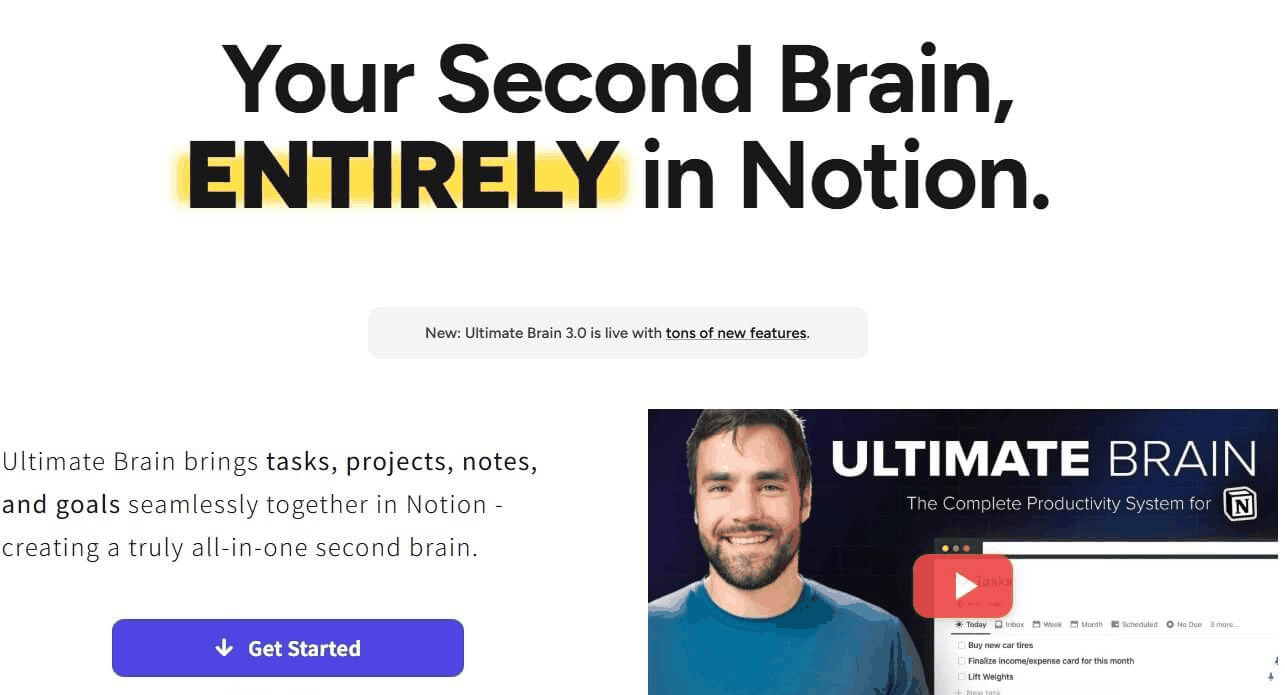 Thomas Frank的Ultimate Brain产品页:标语Your Second Brain ENTIRELY in Notion,已更新到3.0版本,页面配演示视频