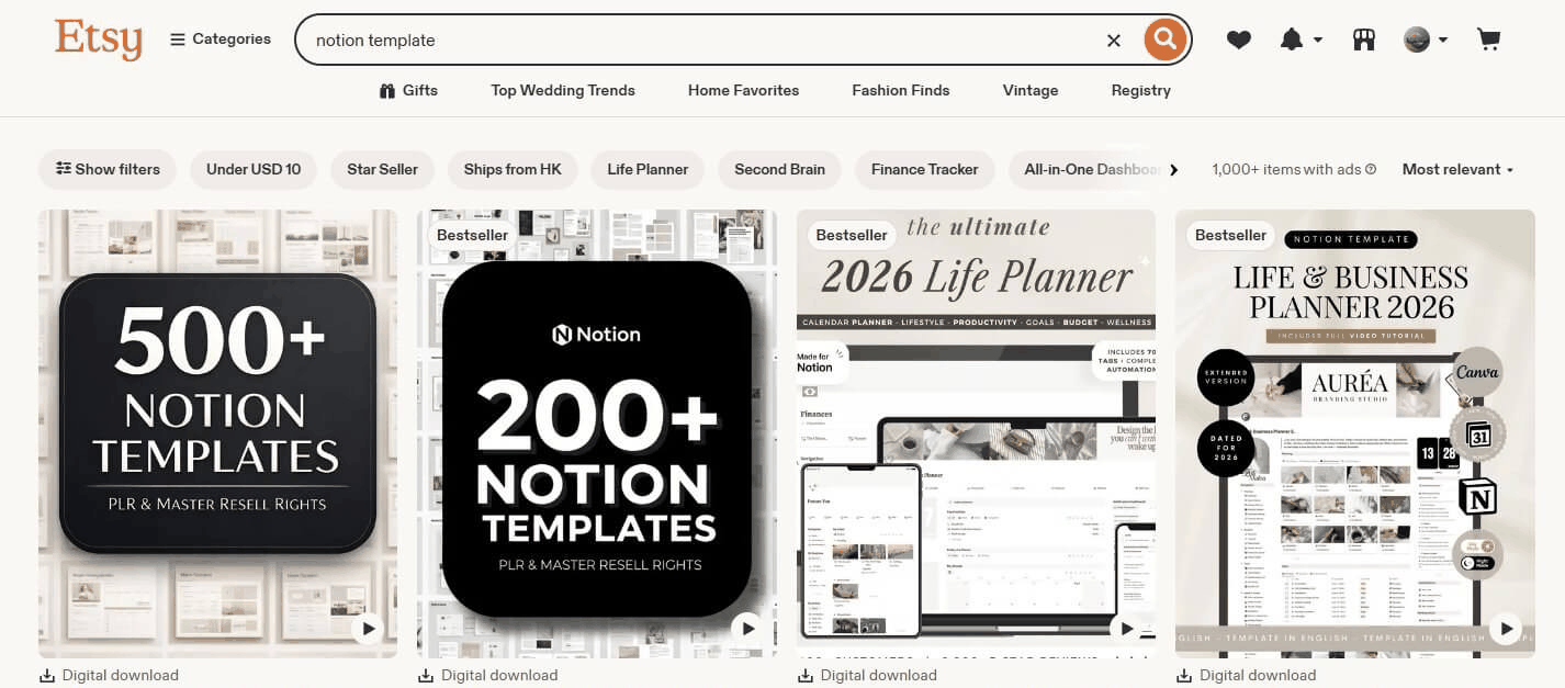 Etsy搜索notion template的结果页:1000+带广告的商品,前排多个标注Bestseller,主图是500+/200+ Notion Templates的深色大字设计