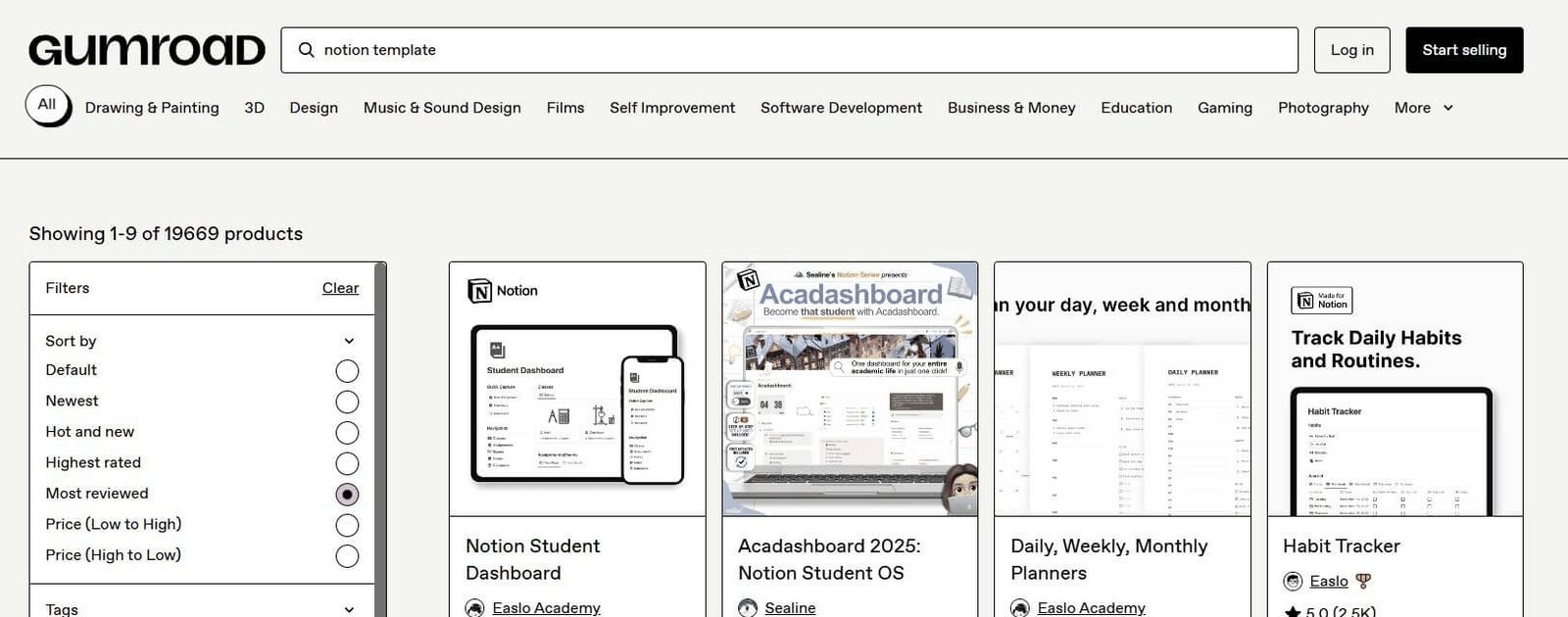 Gumroad搜索notion template结果页:显示19669个产品在售,前排是Notion Student Dashboard、Acadashboard、Habit Tracker等,卖家为Easlo Academy和Sealine