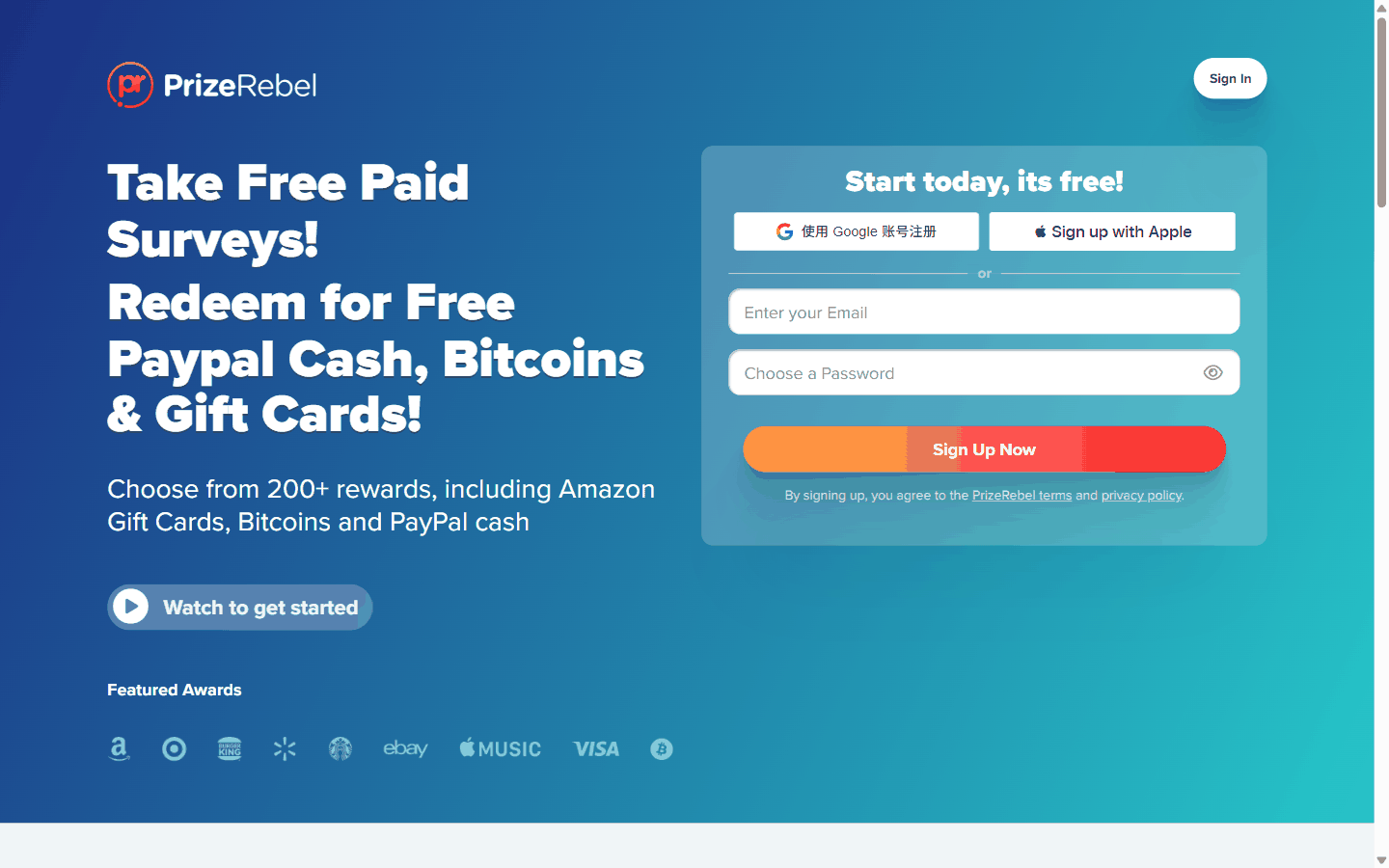 PrizeRebel官网首页,200多种奖励可兑换PayPal现金和礼品卡