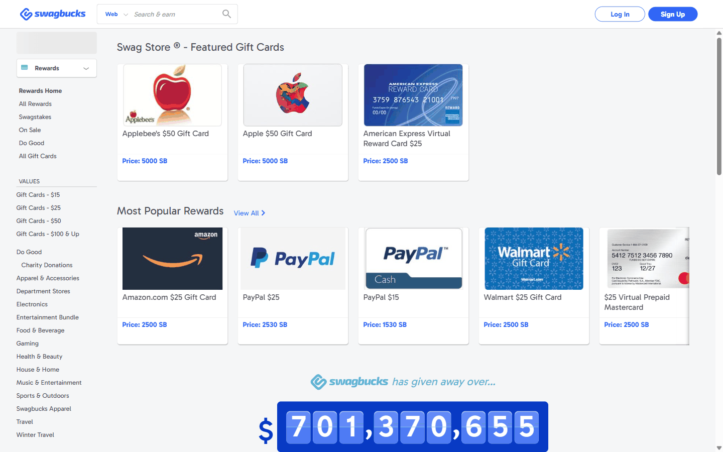 Swagbucks兑换商店页面,25美元PayPal现金需要2530积分