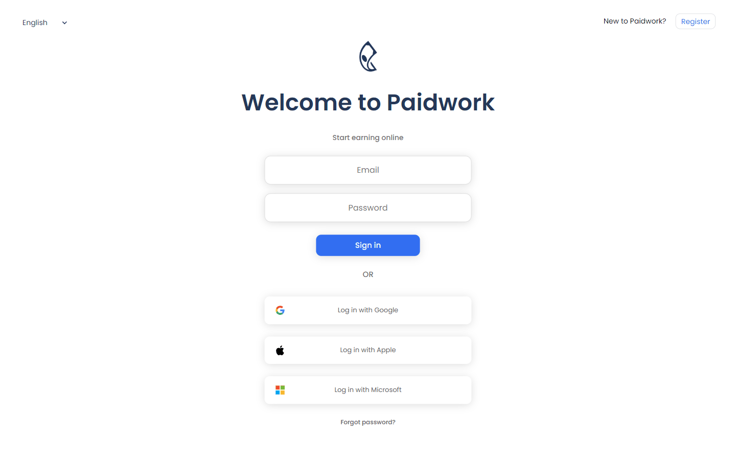 Paidwork注册登录页面,支持邮箱和Google账号直接注册