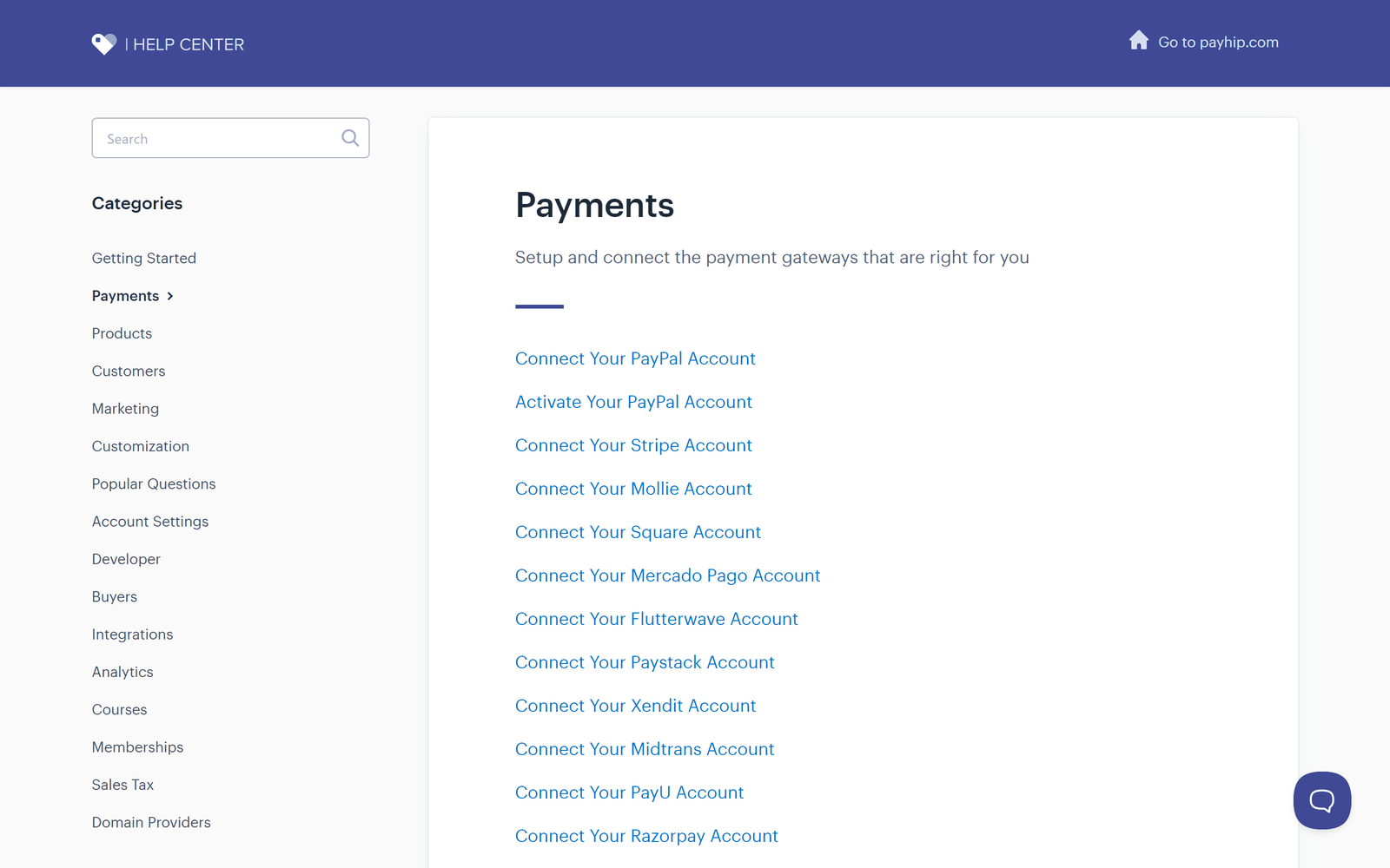 Payhip可绑定的收款通道列表，第一条就是PayPal，还有Stripe、Mollie、Square、Paystack等十来家