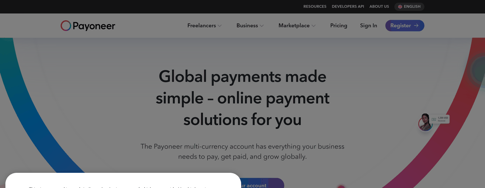 Payoneer官网首页,跨境收款服务,Upwork余额可以提到这里再转国内银行卡