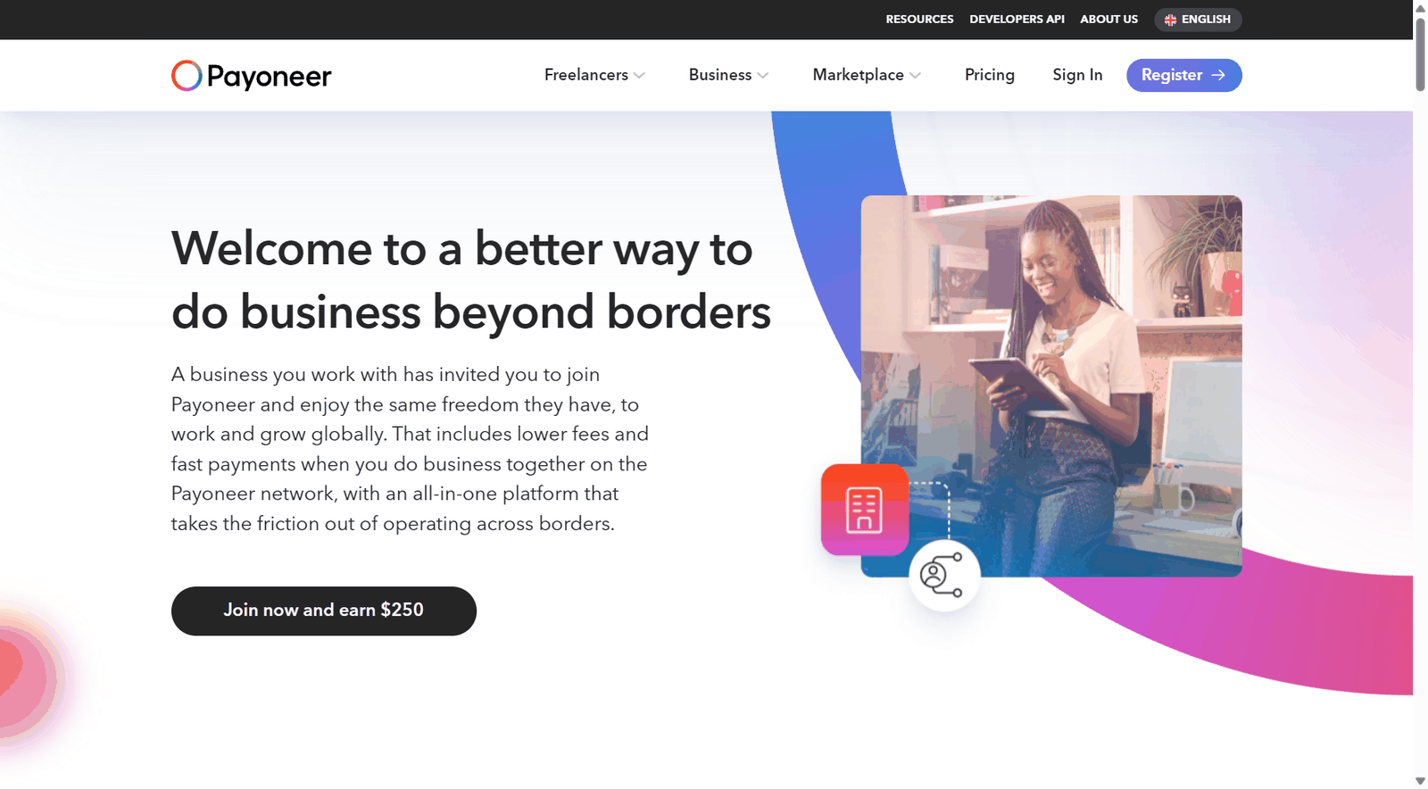 Payoneer推荐好友页面,黑色按钮上写着Join now and earn 250美元,是海外拉新项目的典型奖励形式