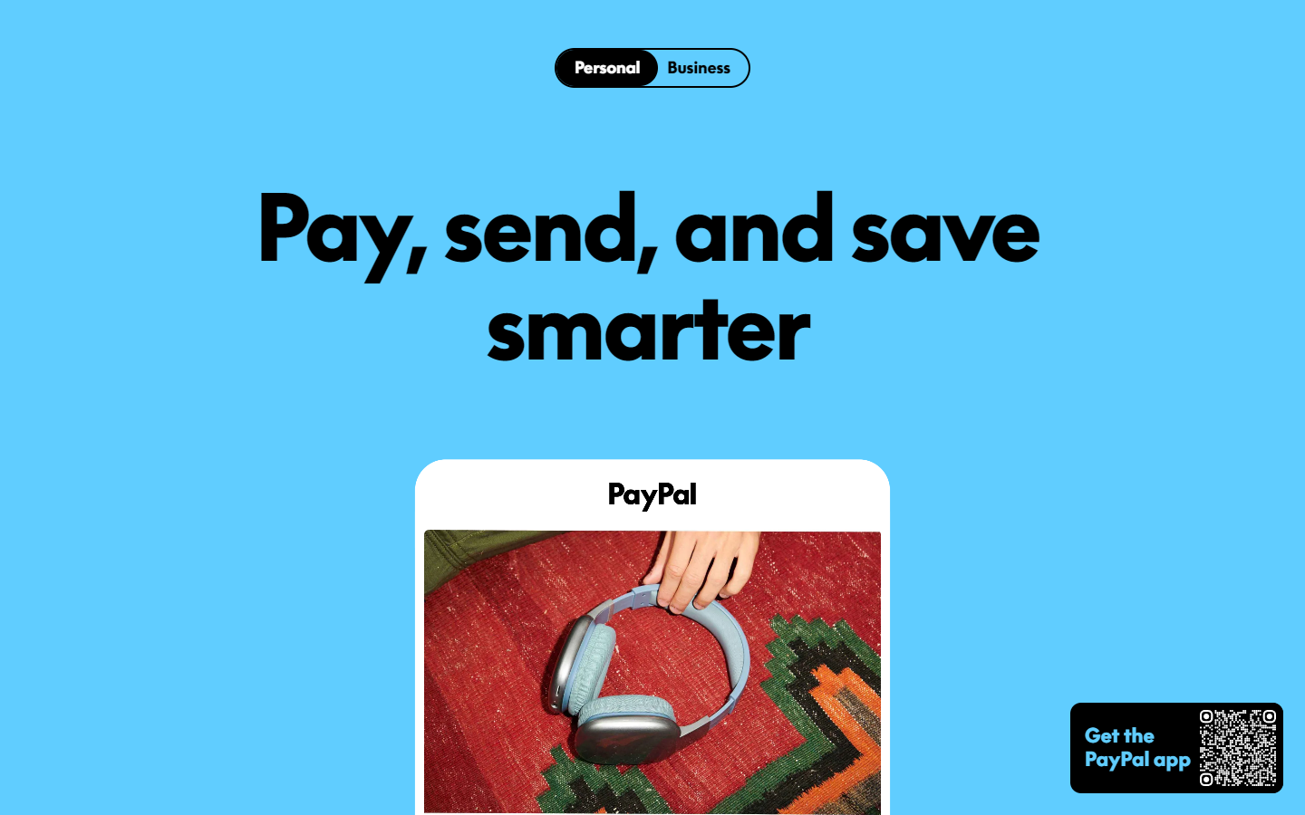 PayPal官网首页,标语是付款、转账、更省钱,下面是手机App的下载入口