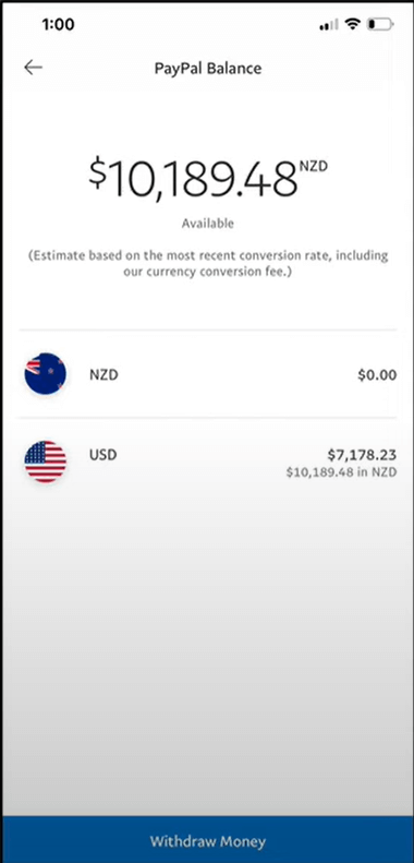 一张PayPal账户余额截图，美元余额7178.23美元，页面下方是提现按钮