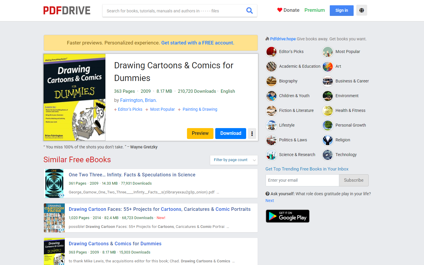 PDF Drive上一本书的页面,363页、2009年、8.17MB、已被下载21万次,右边是站内的分类栏:编辑推荐、学术教育、传记、儿童青少年、小说文学等等