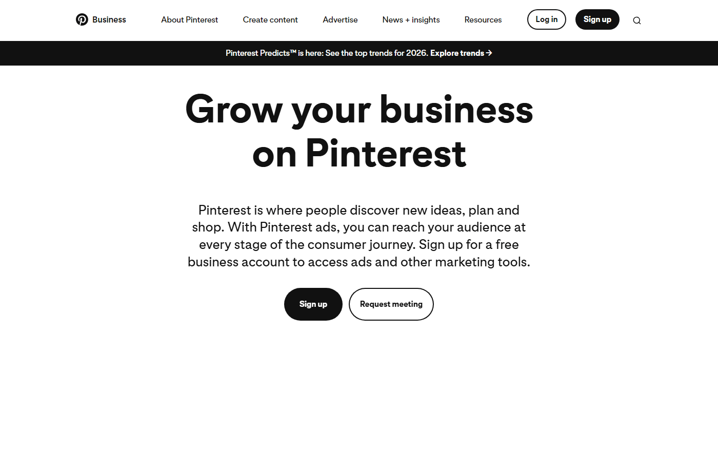Pinterest商业账号注册页面,免费开通后可查看数据和投放广告