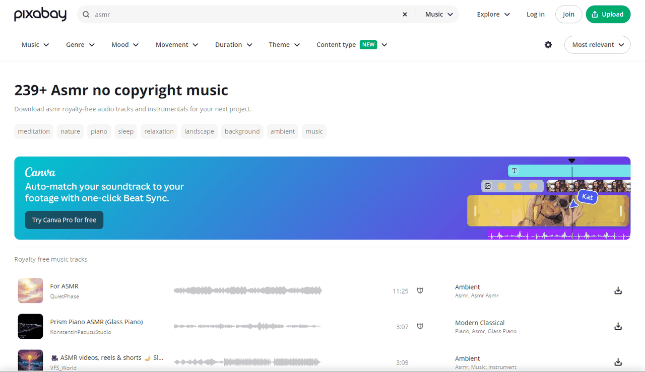 Pixabay音乐库搜ASMR的结果页,标着239条以上无版权ASMR音乐,下面是具体的音轨列表