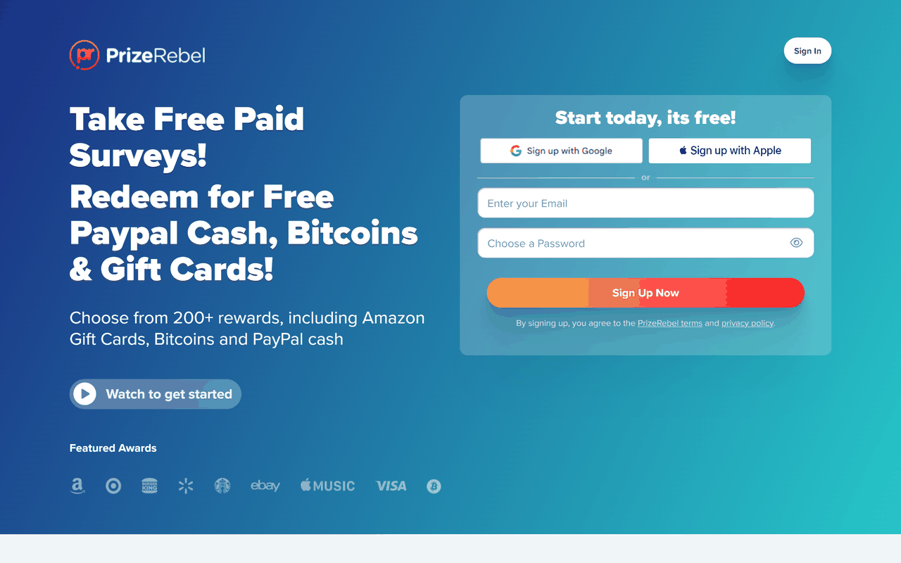 PrizeRebel官网首页,做免费问卷换PayPal现金和礼品卡,合作品牌里有亚马逊和VISA