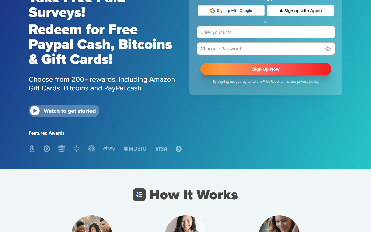 PrizeRebel官网首页，标题写着做免费付费问卷、兑换PayPal现金和礼品卡，右边是注册框，下面是200多种奖励和How It Works的说明
