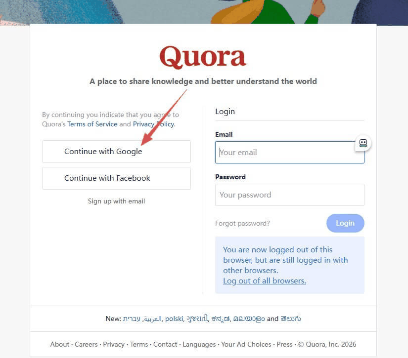 Quora注册登录页面,提供谷歌账号、Facebook和邮箱三种注册方式