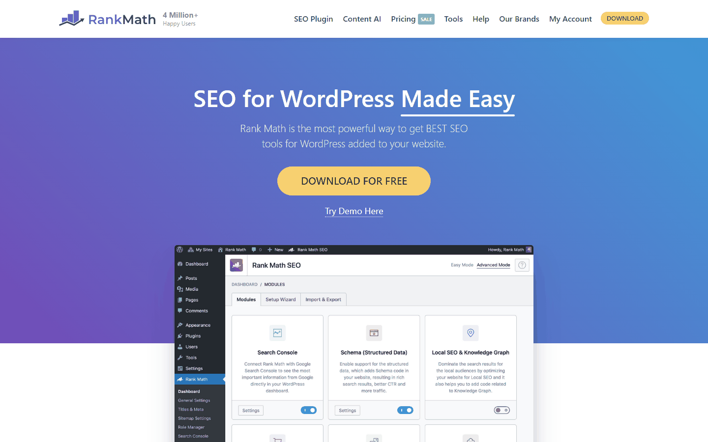 Rank Math这款WordPress SEO插件的官网首页