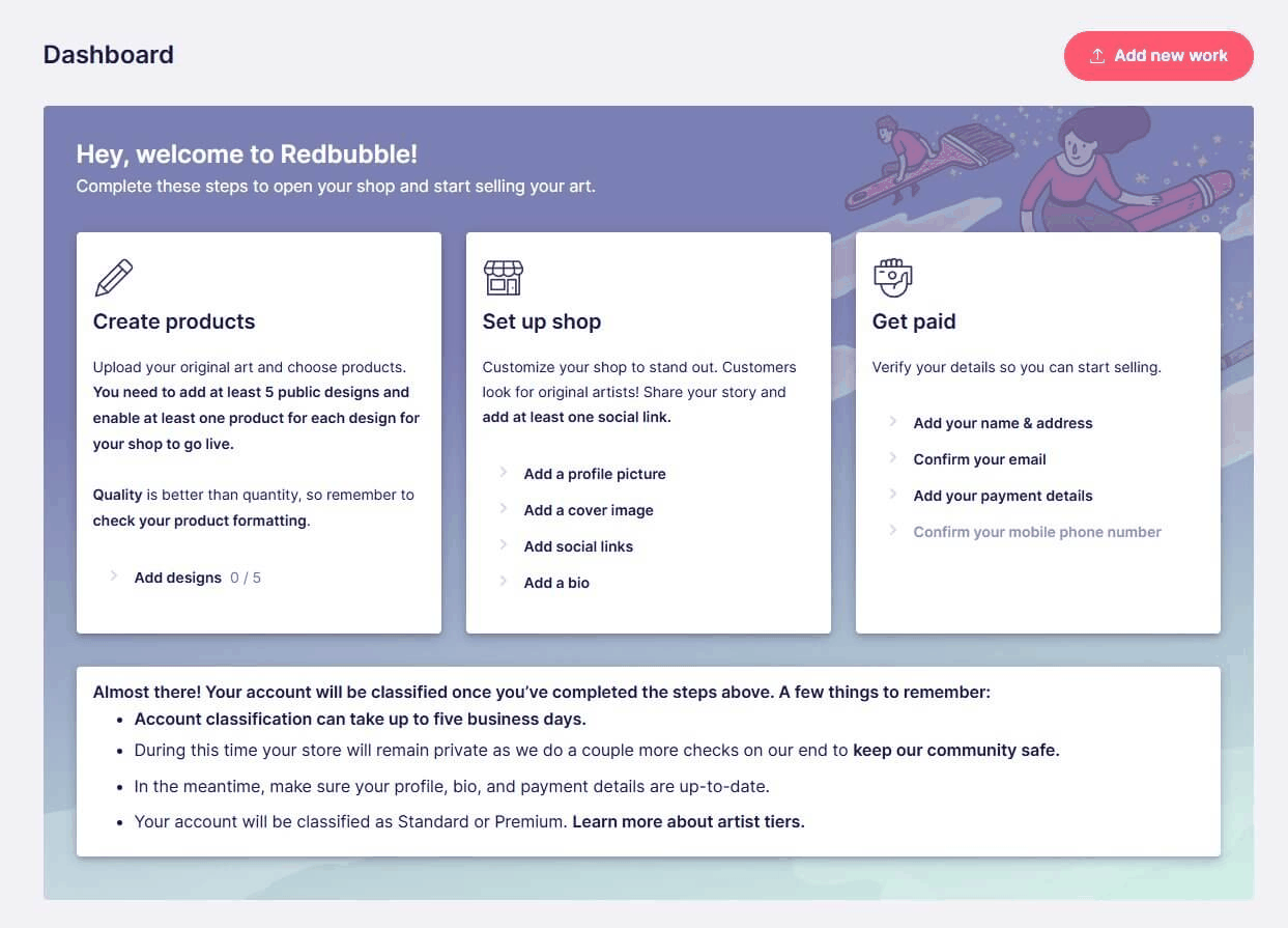 Redbubble卖家后台Dashboard,上传作品设置店铺收款三步指引