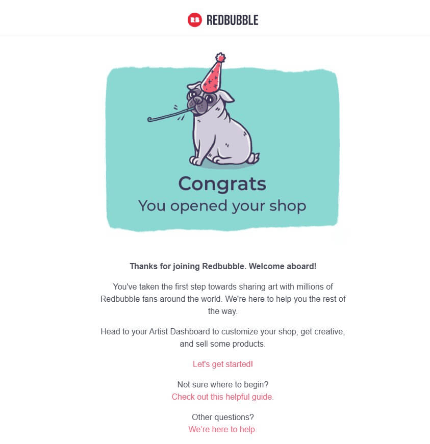 Redbubble开店成功提示页,Congrats提示店铺已经开通