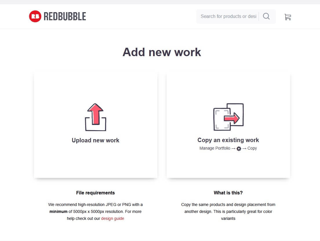 Redbubble上传设计图页面,Upload new work和文件尺寸要求