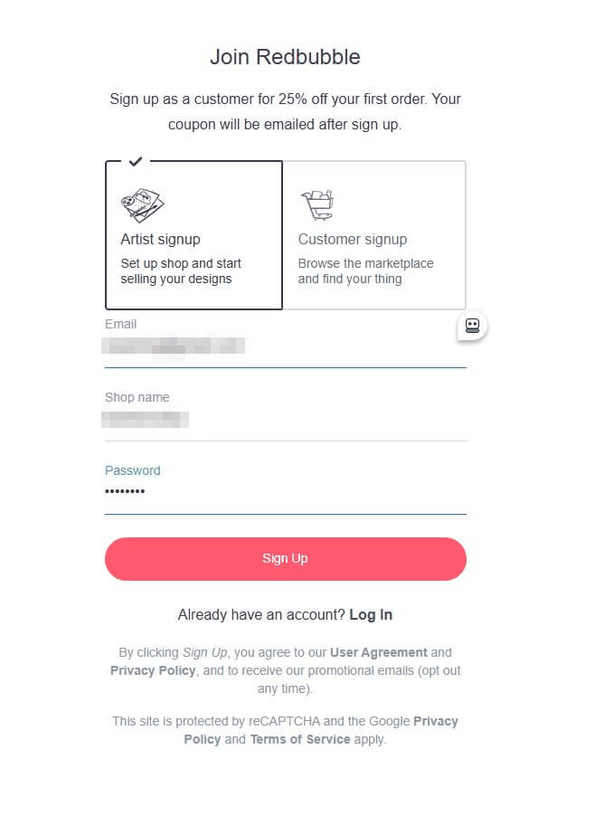 Redbubble注册页面,选Artist signup艺术家入口填邮箱和店铺名