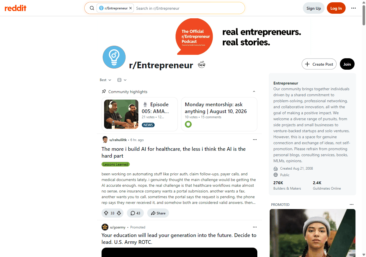 Reddit的Entrepreneur创业板块,27万成员的创业者社区页面