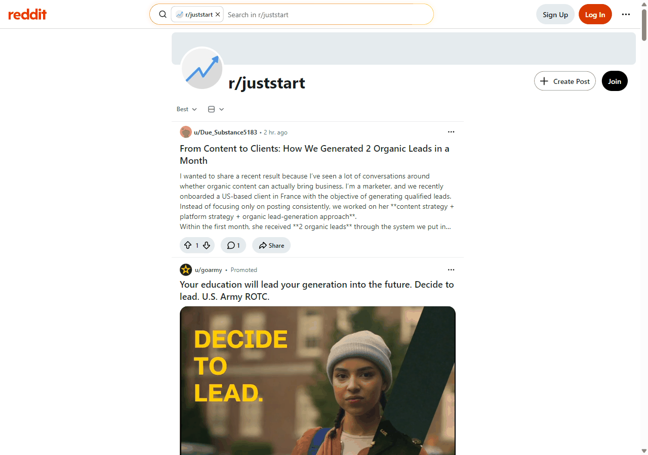 Reddit的juststart板块,网站和内容创业者分享获客案例