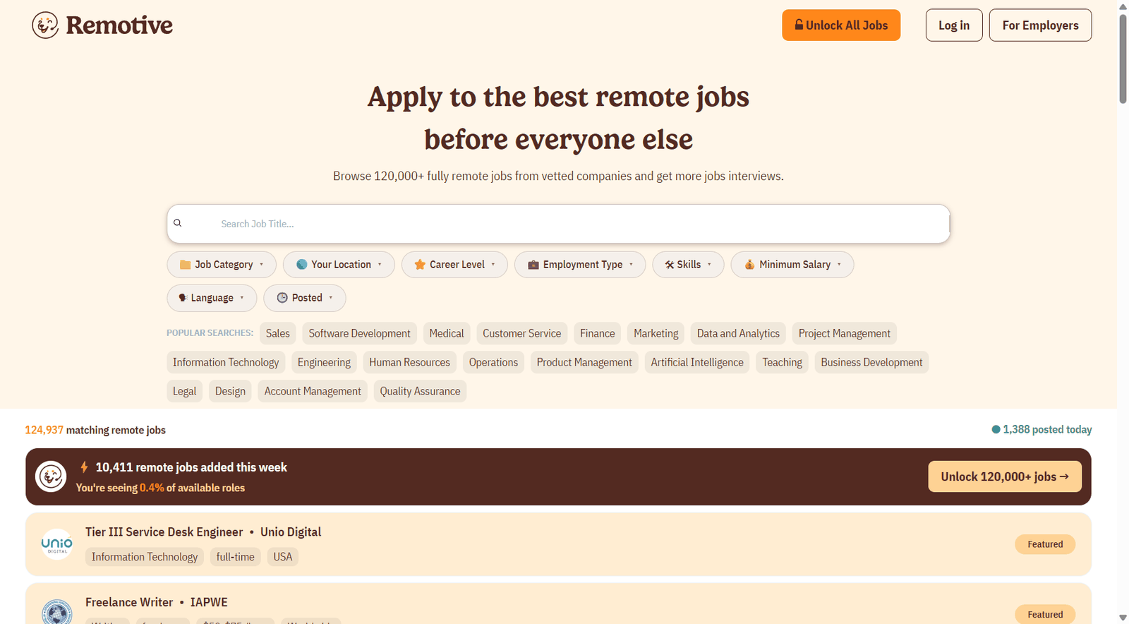 Remotive远程工作平台,写着抢在别人之前申请最好的远程岗位,收录12万个经过审核公司的全远程职位