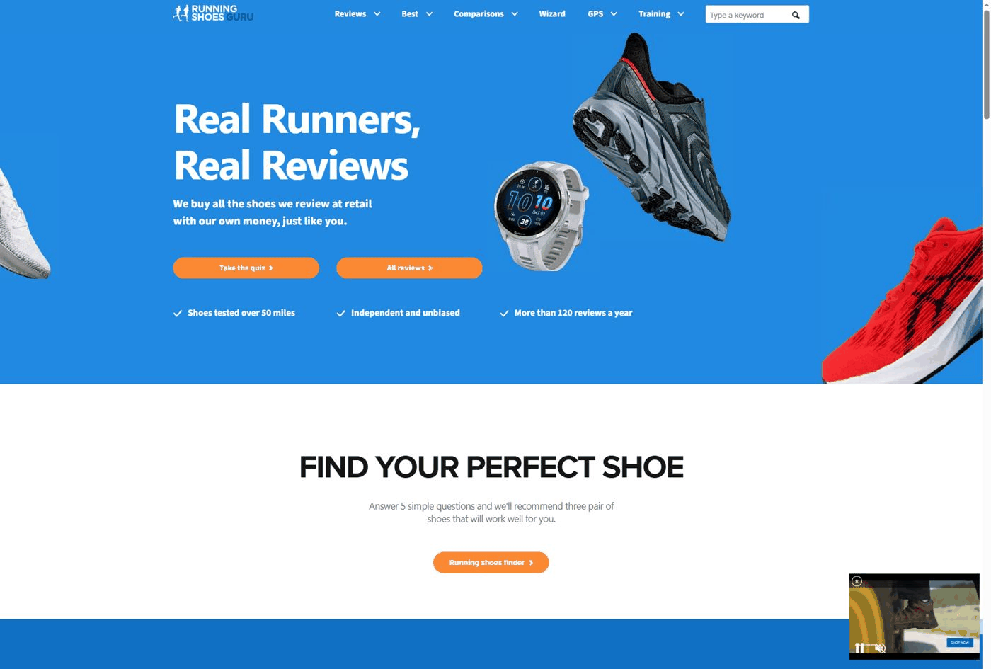 英文独立站案例:跑步鞋测评站runningshoesguru首页,Real Runners Real Reviews的定位