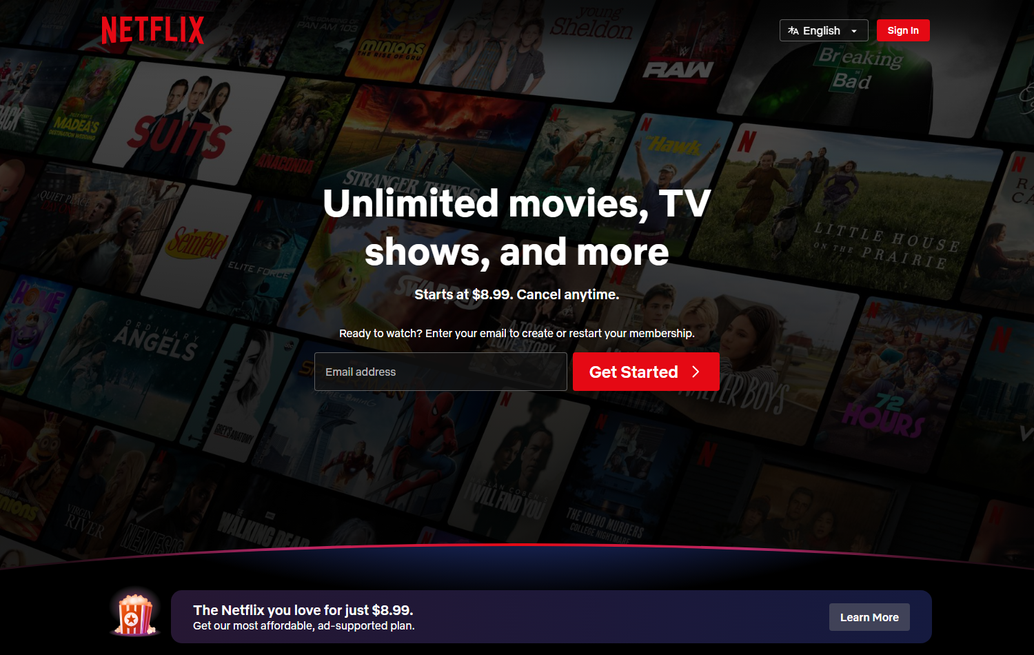Netflix官网最低一档每月8.99美元