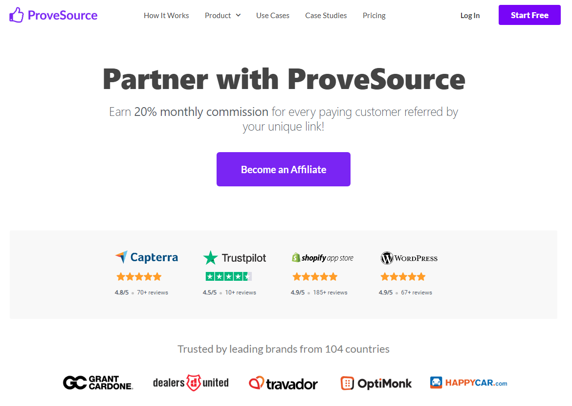 ProveSource联盟页面,写明每位付费客户20%的按月佣金